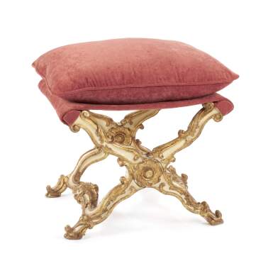 View full screen - View 1 of Lot 143. An Italian lacquered and parcel-gilt X-frame stool, Turin, circa 1740.