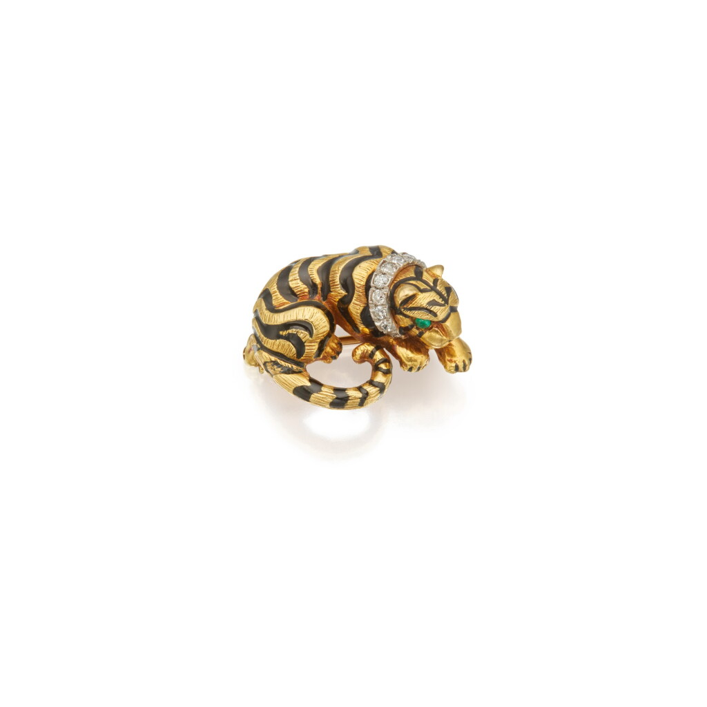 View full screen - View 1 of Lot 448. David Webb | Gold, Emerald, Diamond and Enamel Brooch.