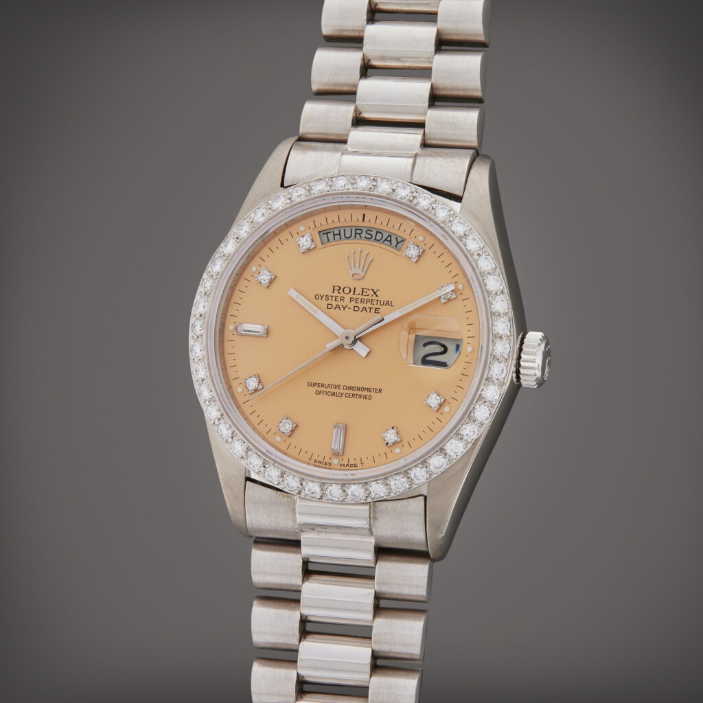 View full screen - View 1 of Lot 88. Reference 18049 Day-Date | A white gold and diamond-set automatic wristwatch with day, date and bracelet, Circa 1978.