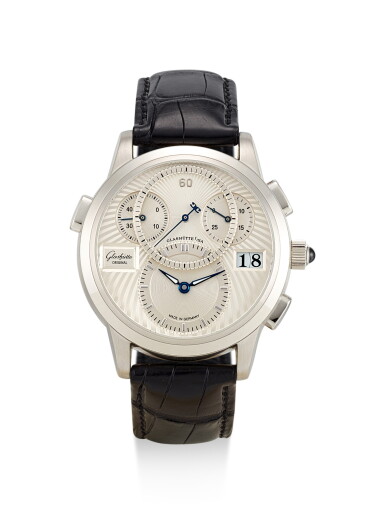 View full screen - View 1 of Lot 8187. GLASHÜTTE | PANOMATIC CHRONO, REFERENCE 9501030304, A LIMTIED EDITION PLATINUM FLYBACK CHRONOGRAPH WRISTWATCH WITH DATE, CIRCA 2005.