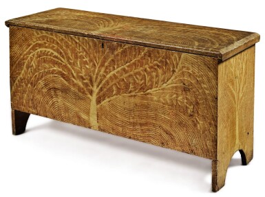 View full screen - View 1 of Lot 1413. FINE AND RARE YELLOW COMB-DECORATED AND PAINTED PINE 'TREE OF LIFE' BLANKET CHEST, NEW ENGLAND, EARLY 19TH CENTURY.