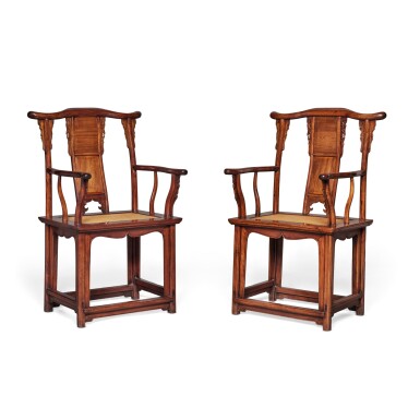 View full screen - View 1 of Lot 211. A rare pair of 'huanghuali' 'official's hat' armchairs (Sichutou guanmaoyi), 17th century.