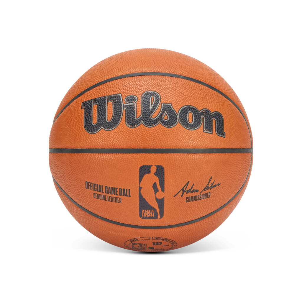 View full screen - View 1 of Lot 9. Game Used ‘Christmas Day’ 2024-2025 New York Knicks vs. San Antonio Spurs Ball | Wembanyama Christmas Day Debut.