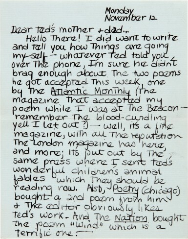 View full screen - View 1 of Lot 23. Sylvia Plath | Autograph letter signed, to Edith & William Hughes, on admitting her marriage, 12 November 1956.