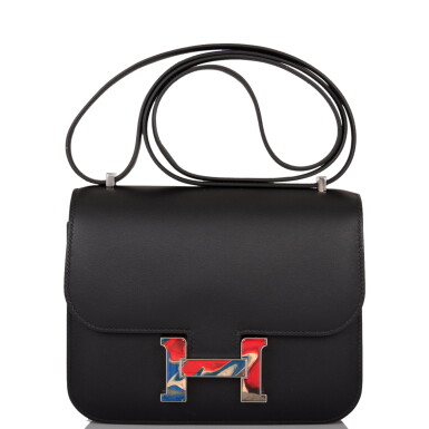 View full screen - View 1 of Lot 117. Black Swift Leather Mini Constance 18 Palladium and Multicolor Enamel Hardware, 2021.