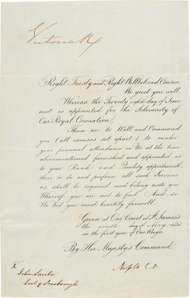 View full screen - View 1 of Lot 13. BRITISH SOVEREIGNS | 3 documents signed, summons to coronations, 1838-1911.