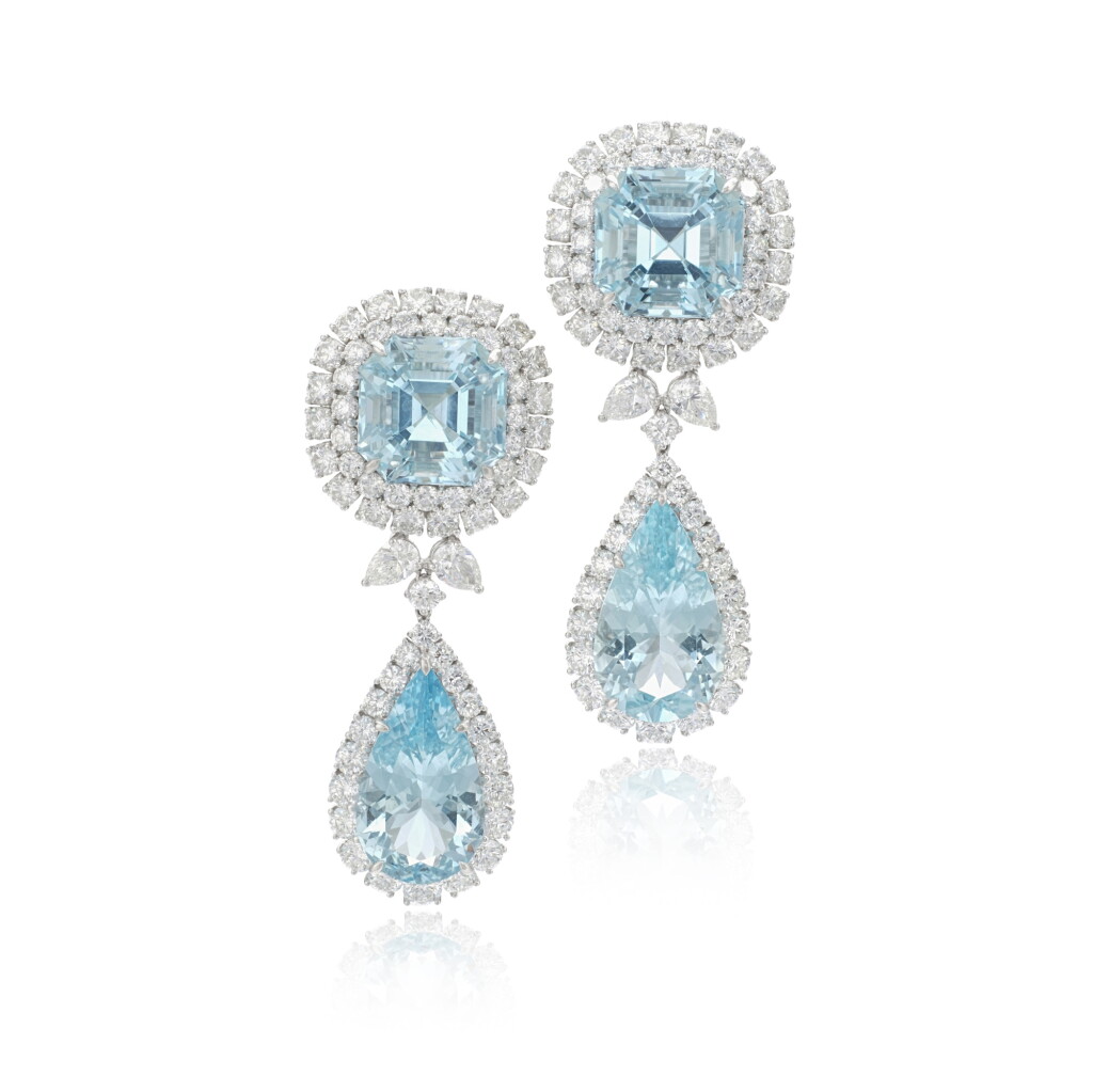 View full screen - View 1 of Lot 761. Pair of aquamarine and diamond pendent ear clips.