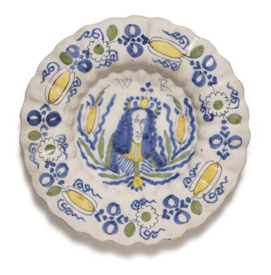 View full screen - View 1 of Lot 68. A Dutch Delft polychrome Royal portrait dish and another, circa 1700.