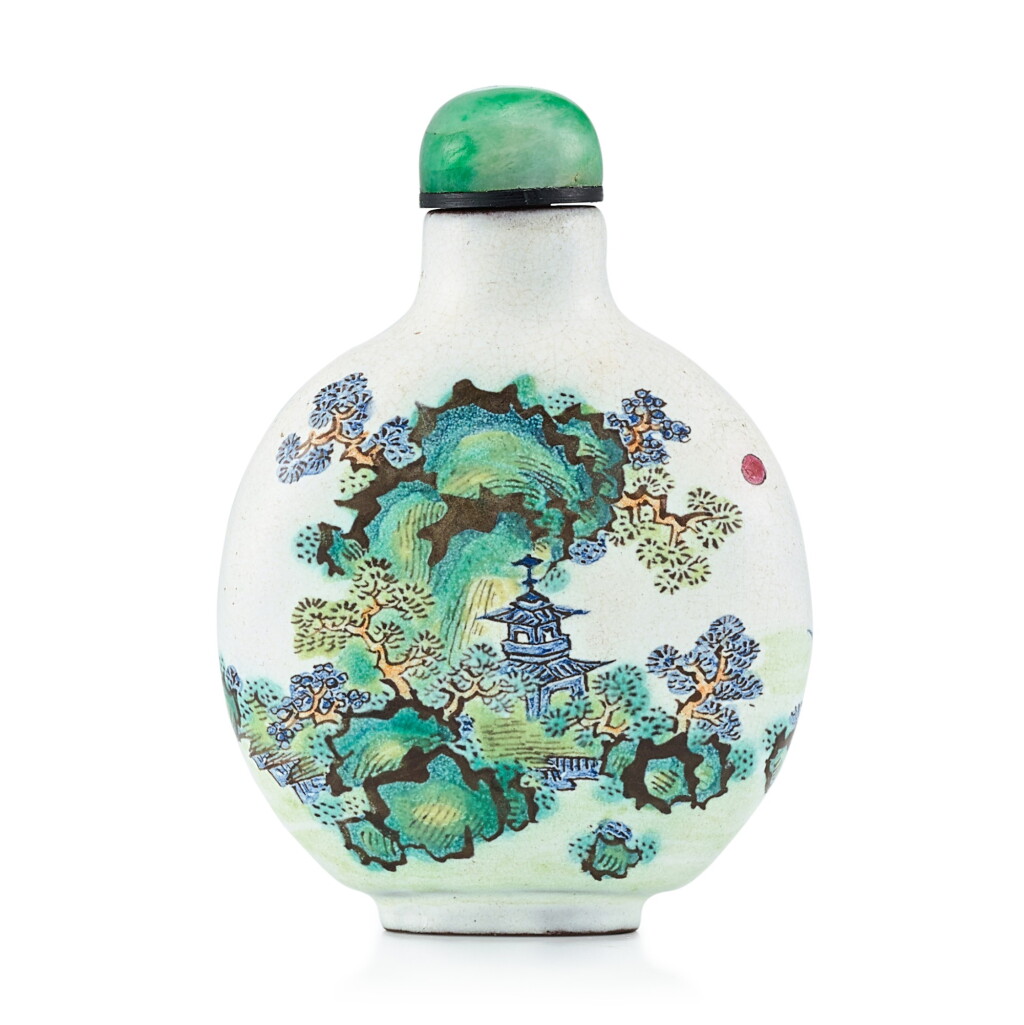 View full screen - View 1 of Lot 3019. An Enamelled Yixing 'Landscape' Snuff Bottle Qing Dynasty, 19th Century | 清十九世紀 宜興紫砂胎畫彩山水圖鼻煙壺.
