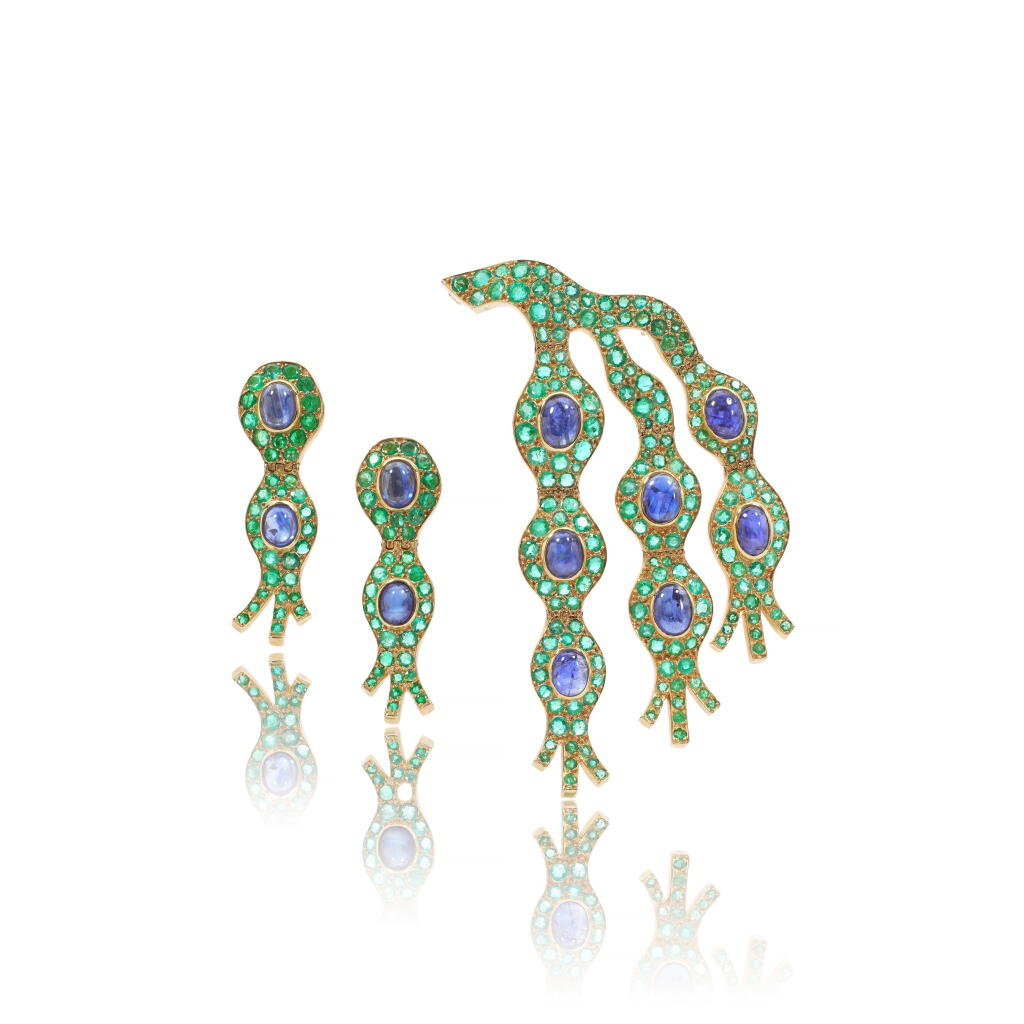 View full screen - View 1 of Lot 537. Sapphire and emerald demi-parure, 'Algues', circa 1962.