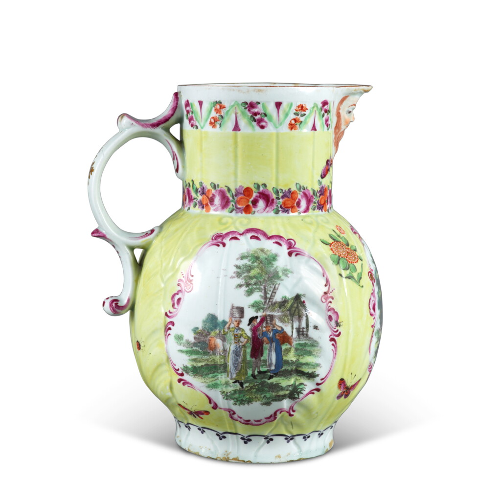 Voir en plein écran - Voir 1 du lot 96. A Worcester Porcelain Yellow-Ground Cabbage-Leaf Mask Jug, Circa 1765-68.