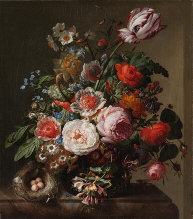 View full screen - View 1 of Lot 7. Still life of flowers in a vase with a bird's nest upon a marble ledge《靜物:大理石臺上的一瓶鮮花與鳥巢》.
