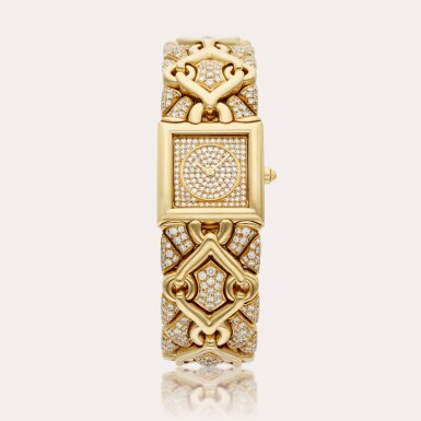 View full screen - View 1 of Lot 445. Reference BJ 06 Trika ‘Parentesi’ | A yellow gold and diamond-set square bracelet watch, Circa 1995.