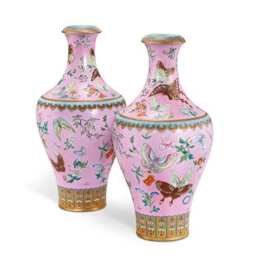 View full screen - View 1 of Lot 3803. A magnificent pair of yangcai 'butterfly' vases, Seal marks and period of Qianlong | 清乾隆 洋彩粉地蝴蝶瓶一對 《大清乾隆年製》款.