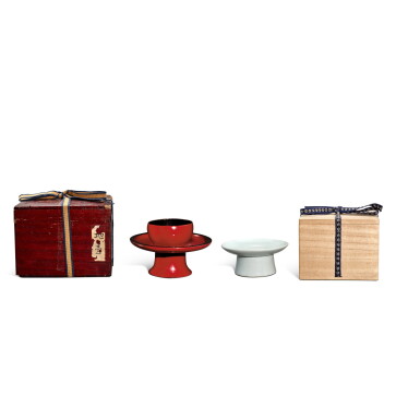 View full screen - View 1 of Lot 5516. A cinnabar lacquer cup stand, Japan, Edo period, and a white-glazed stem dish, Korea, Joseon dynasty | 日本 江戶時期 紅漆盞托 及 韓國 朝鮮王朝 白釉高足盤.