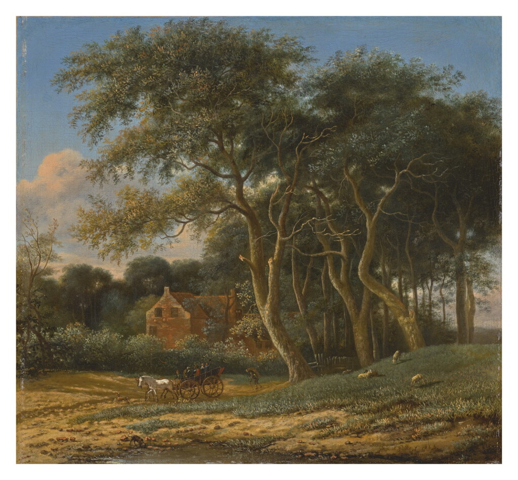 View full screen - View 1 of Lot 28. FOLLOWER OF PAULUS PIETERSZ. POTTER, 18TH CENTURY | WOODED LANDSCAPE WITH A CARRIAGE, FIGURES, AND SHEEP IN A FIELD.