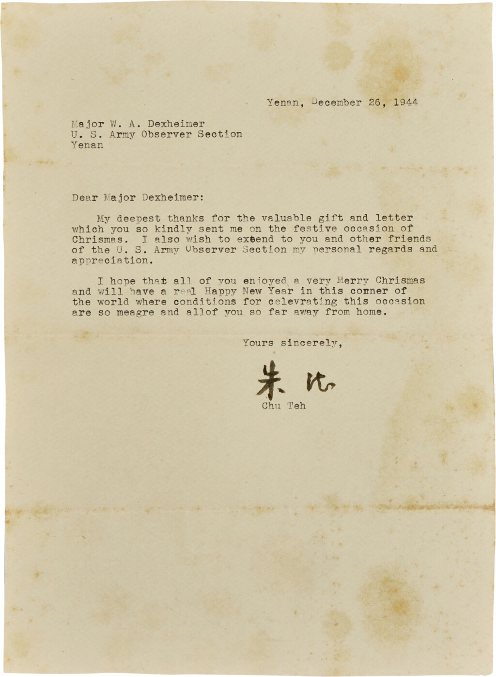 View full screen - View 1 of Lot 230. Zhu De, Autographed letter to Major Wilbur A. Dexheimer, 26th December 1944.