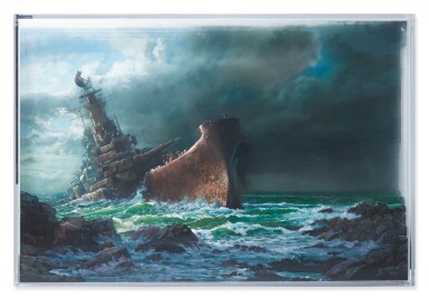 View full screen - View 1 of Lot 512. JONATHAN WATERIDGE | STUDY FOR SEASCAPE WITH WRECKED BATTLESHIP.