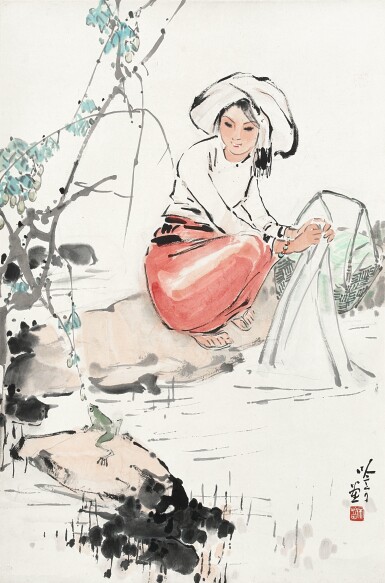 View full screen - View 1 of Lot 6069. 宋吟可 溪畔洗衣 | Song Yinke, Lady Washing Clothes by the River.