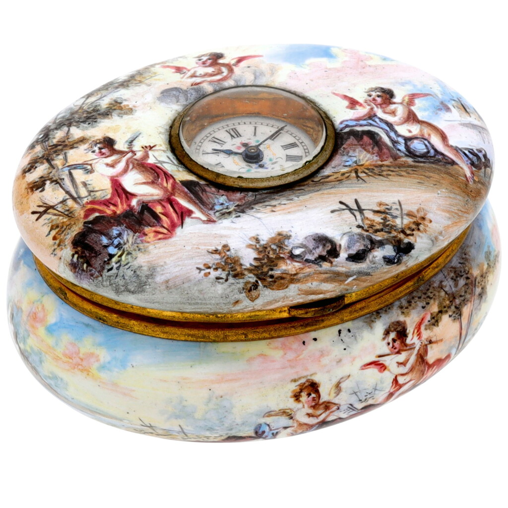View full screen - View 1 of Lot 185. A polychrome enamel bonbonnière with inset keyless winding timepiece Circa 1875.
