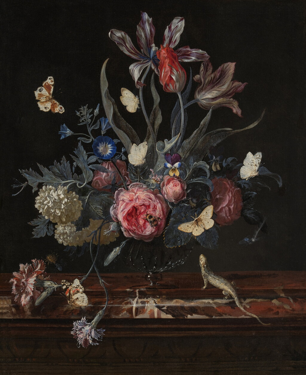 View full screen - View 1 of Lot 441. Still Life of Flowers in a Glass Vase with Butterflies and a Lizard on a Marble Ledge.