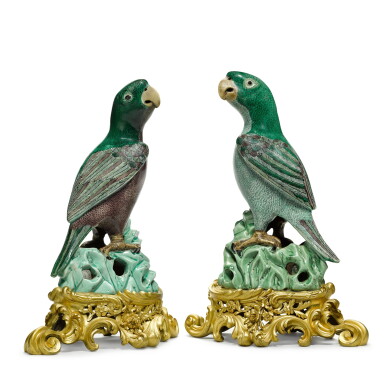 View full screen - View 1 of Lot 23. A pair of ormolu-mounted Chinese famille-verte biscuit figures of parrots the porcelain Kangxi, the mounts late 19th century, both stamped MB for Théodore Millet .