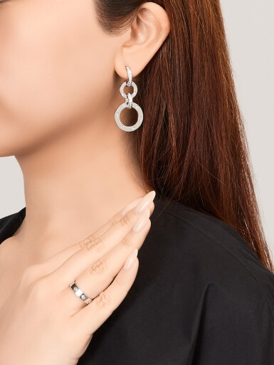 View full screen - View 1 of Lot 1653. CARTIER | 'LOVE' DIAMOND RING AND PAIR OF PENDENT EARRINGS | 卡地亞 | 'Love' 鑽石戒指及耳墜一對.