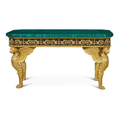 View full screen - View 1 of Lot 71. A Large Empire Style Gilt-Bronze and Black Decorated Tôle Center Table, Attributed to Baldi, Florence, Second Half 20th Century.