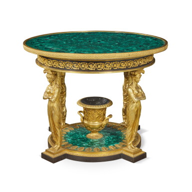 View full screen - View 1 of Lot 208. An Empire Style Gilt and Patinated Bronze, Tole and Malachite Center Table, after the model by Francois-Honoré Georges Jacob-Desmalter, Second Half 20th Century.