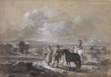 View full screen - View 1 of Lot 119. Elegant riders buying fruit from a peasant woman.