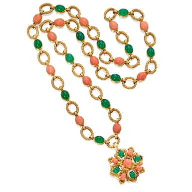 View full screen - View 1 of Lot 16. Van Cleef & Arpels | Gold, Coral and Chrysoprase Pendant-Necklace, France.