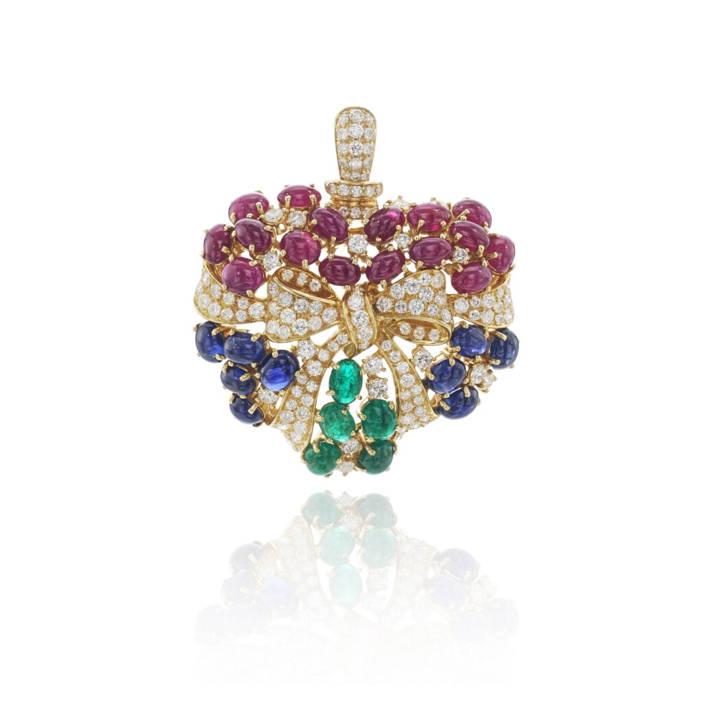 View full screen - View 1 of Lot 733. Gem-set and diamond pendant.