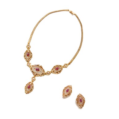 View full screen - View 1 of Lot 52. Gold, Ruby, Rock Crystal and Diamond Necklace and Pair of Earclips.