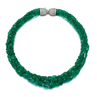 View full screen - View 1 of Lot 128. EMERALD AND DIAMOND NECKLACE.