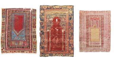 View full screen - View 1 of Lot 382. Lot including a Transylvanian prayer carpet and two Ghiordès prayer carpets, Western Anatolia, late 18th century early 19th century.