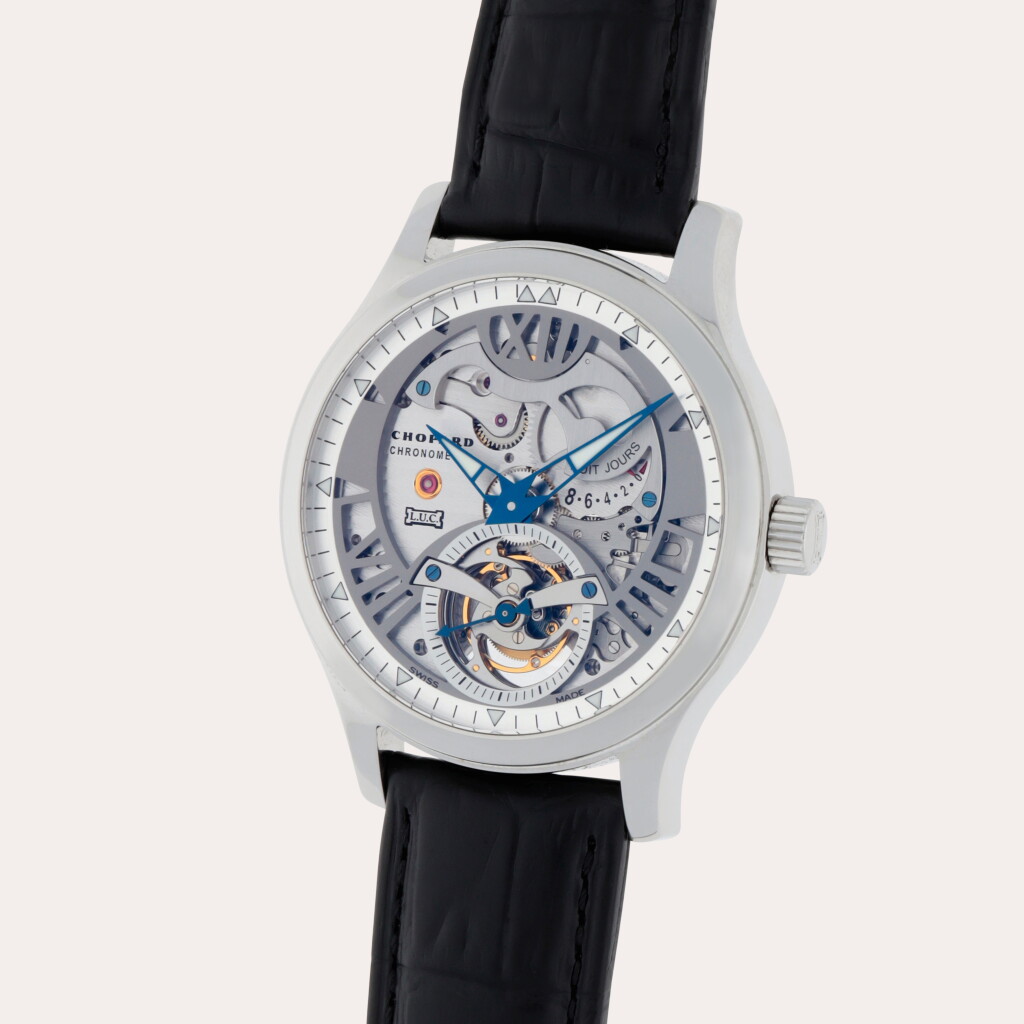 View full screen - View 1 of Lot 10. L.U.C. Steel Wings, Reference 16/8963 | A limited edition stainless steel semi-skeletonized tourbillon wristwatch with power reserve indication | Circa 2004.