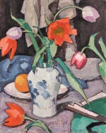 SAMUEL JOHN PEPLOE, R.S.A. | STILL LIFE WITH TULIPS AND FAN