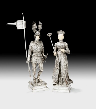 View full screen - View 1 of Lot 250. Two German large silver and ivory sculptures of a king and a queen, Neresheimer, Hanau, circa 1895 | Deux grandes statues représentant un roi et reine en argent et ivoire par Neresheimer, Hanau, vers 1895.