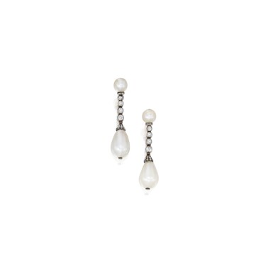 View full screen - View 1 of Lot 563. PAIR OF NATURAL PEARL, MOTHER-OF-PEARL AND DIAMOND PENDANT-EARRINGS | 天然珍珠配珍珠母及鑽石吊耳環一對.
