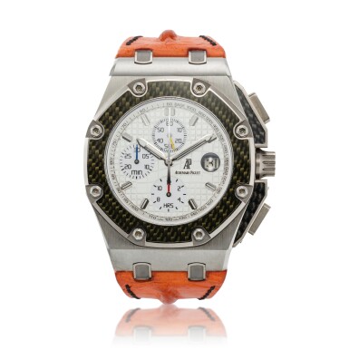 View full screen - View 1 of Lot 115. Reference 26030IO.OO.D001IN.01 Royal Oak Offshore 'Juan Pablo Montoya' | A limited edition titanium and carbon automatic chronograph wristwatch with date, Circa 2004 | 愛彼 26030IO.OO.D001IN.01 型號 Royal Oak Offshore 'Juan Pablo Montoya' | 限量版鈦金屬及碳纖維自動上鏈計時腕錶備日期顯示,約2004年製.
