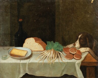 View full screen - View 1 of Lot 72. Still Life with bread, pastries and a dog .