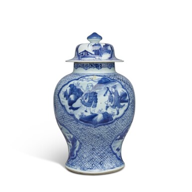 View full screen - View 1 of Lot 37. A blue and white 'immortals' baluster jar and cover, Qing dynasty, 19th century.