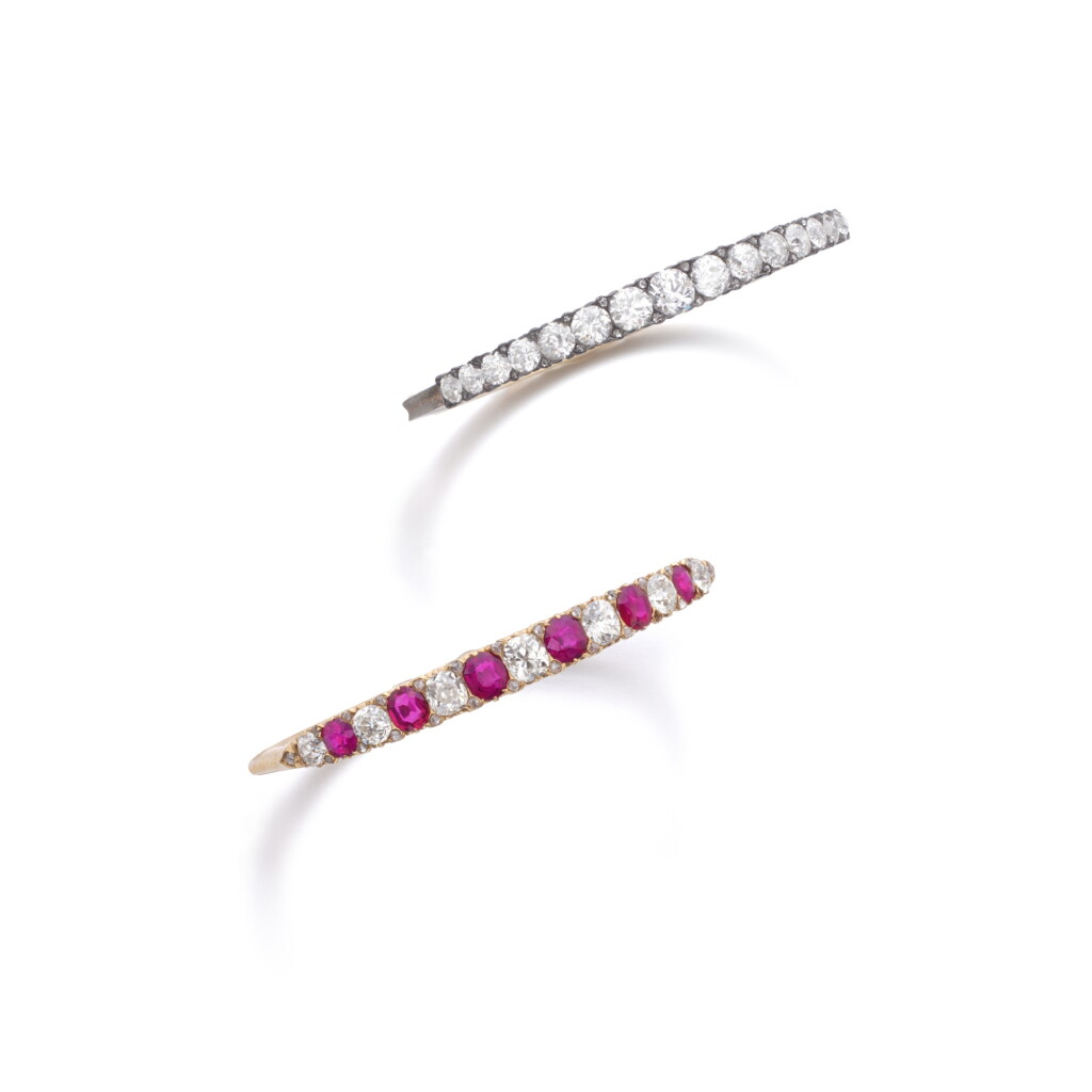 View full screen - View 1 of Lot 771. Ruby and diamond bangle and a diamond bangle, circa 1900.