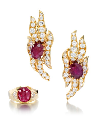 View full screen - View 1 of Lot 16. PAIR OF RUBY AND DIAMOND EAR CLIPS AND A RUBY AND DIAMOND RING.