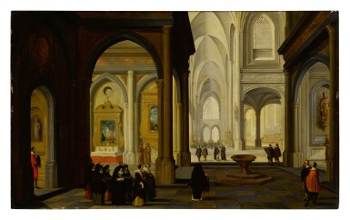 View full screen - View 1 of Lot 397. Flemish cathedral with beguines and elegant visitors.
