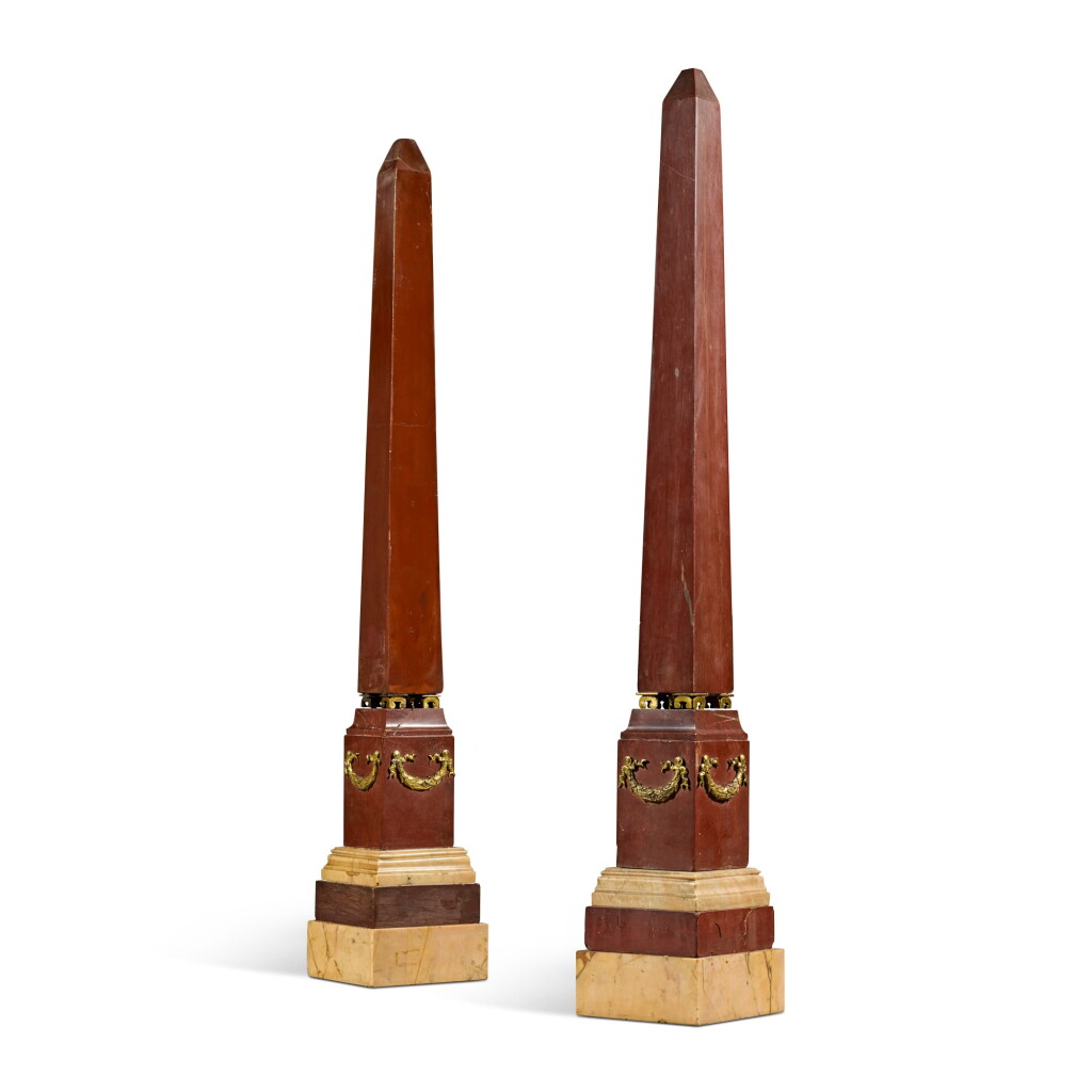 View full screen - View 1 of Lot 38. A pair of Italian gilt-bronze mounted giallo and rosso antichi obelisks, Rome, circa 1800, in the manner of the Valadier Workshop.