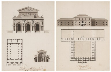 View full screen - View 1 of Lot 403. Designs for a public assembly room and a prison.