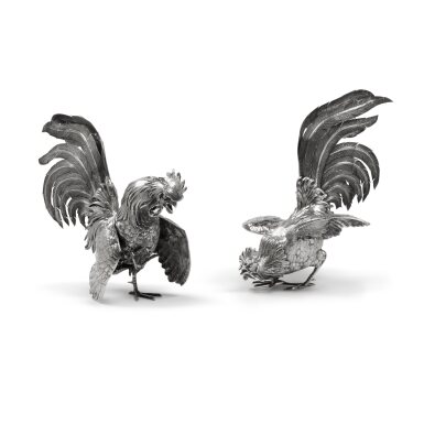View full screen - View 1 of Lot 59. A Pair of English Silver Roosters, Edward Barnard & Sons Ltd, London, 1965.