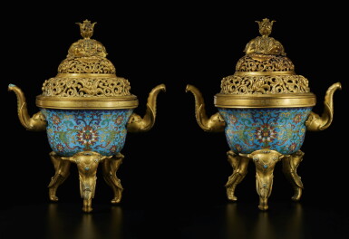 View full screen - View 1 of Lot 218. A pair of cloisonné enamel 'lotus' tripod censers and covers, Marks and period of Qianlong | 清乾隆 銅胎掐絲琺瑯纏枝番蓮紋嵌寶象耳三足熏爐一對 《大清乾隆年製》款.