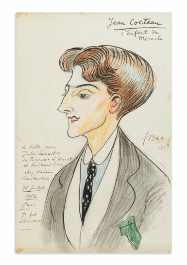 View full screen - View 1 of Lot 240. Portrait de Cocteau par Ferdinand Bac, aux crayons de couleurs. 1912. Le poète a 23 ans..